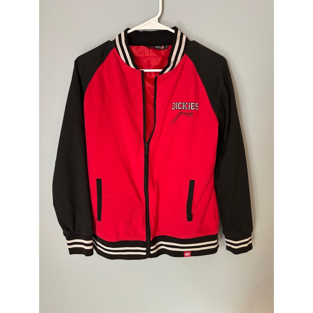 Y2K Dickies Jeans Womens Red Black Varsity Bomber Jacket Embroidered Size M